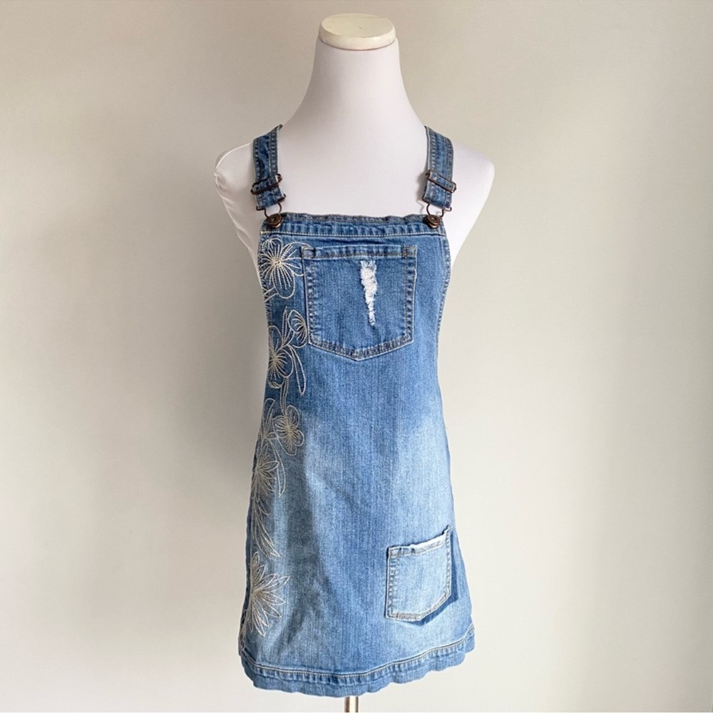 Lucky Brand Blue Medium Wash Embroidered Distressed Girls Denim Overall Dress